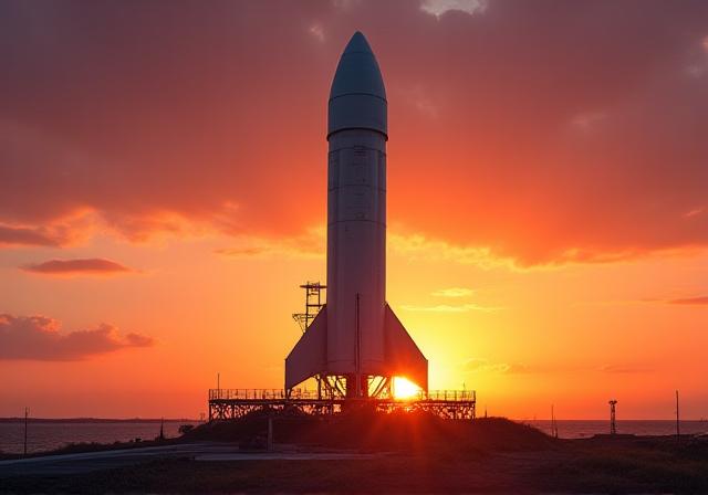 Mega rocket on launchpad during sunset
