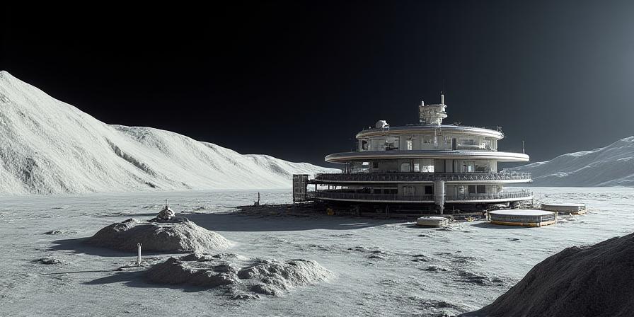 Concept art of a lunar base with astronauts